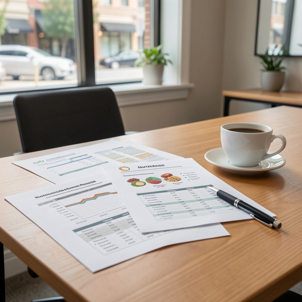 Nutritional research documents and food composition charts spread across a clean wooden desk with a cup of coffee and a pen in a well-lit Austin office workspace