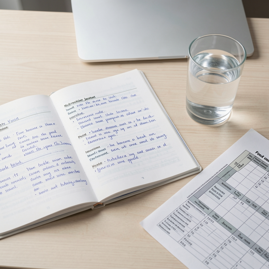 Open nutrition journal with handwritten macronutrient tracking notes and food composition tables beside a glass of water on a minimalist desk