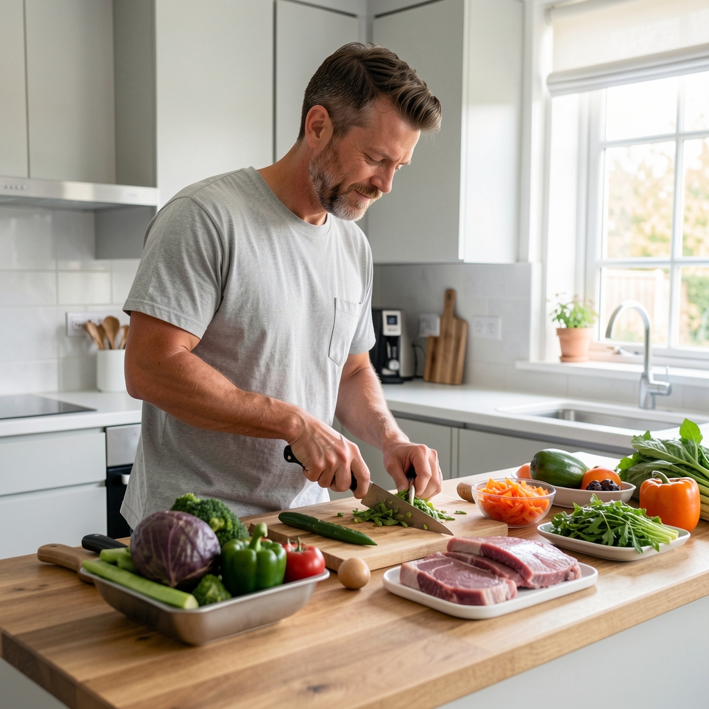 Active man over 30 preparing nutritious meal in a modern kitchen with fresh vegetables and protein sources arranged on a wooden countertop