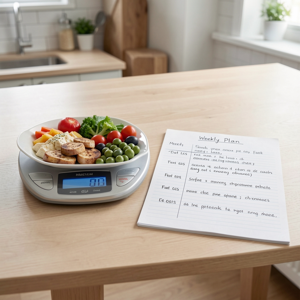 Weighing scale with food portions showing caloric deficit setup next to a handwritten weekly meal plan for fat loss on a clean kitchen table