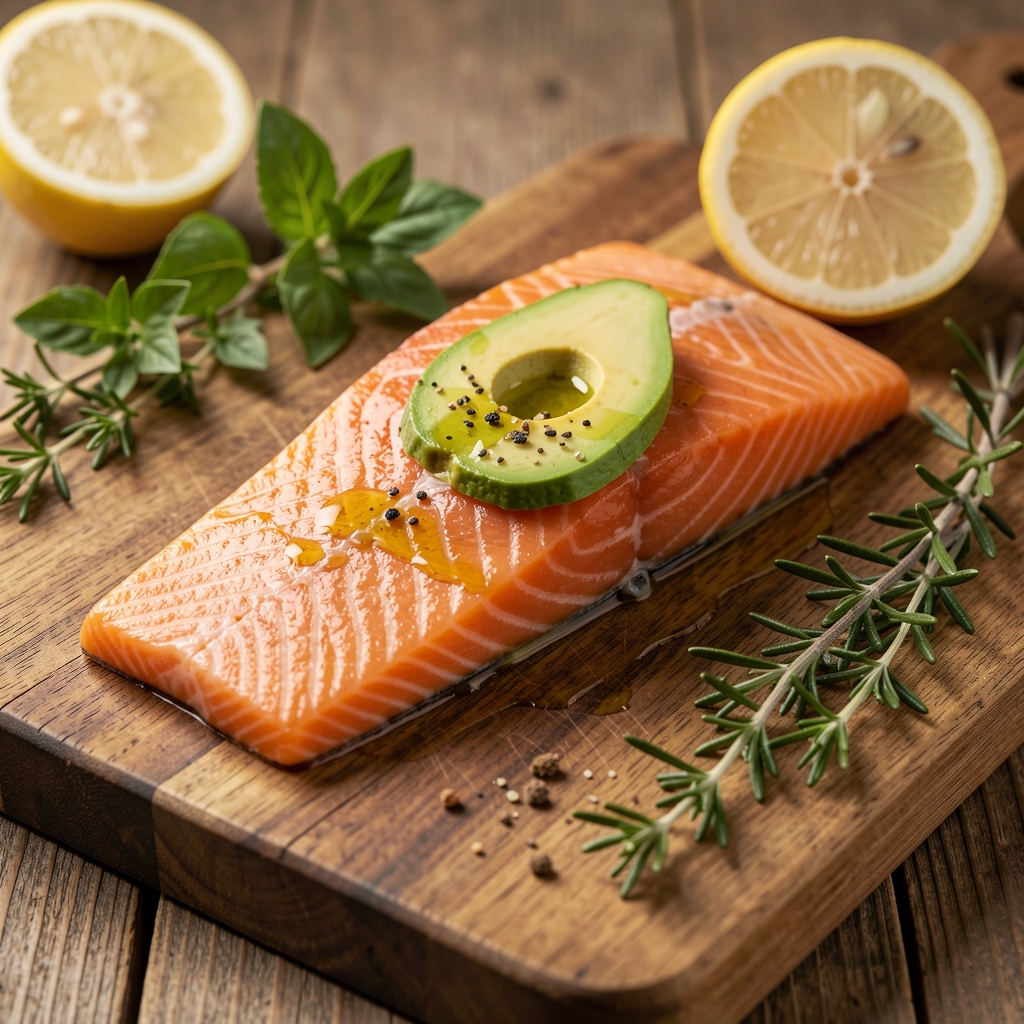 Salmon fillet with olive oil and avocado representing healthy fat sources for men on a wooden cutting board with herbs and lemon