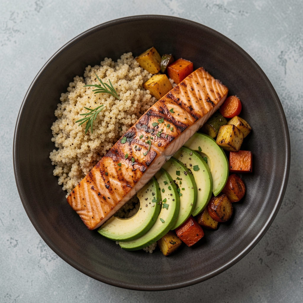 Healthy recipe for men showing a balanced bowl with quinoa grilled salmon avocado and roasted vegetables photographed from above on a dark ceramic plate